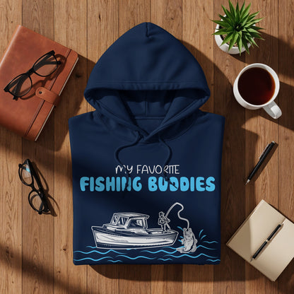 Navy hoodie with "MY FAVORITE FISHING BUDDIES" text and boat graphic.