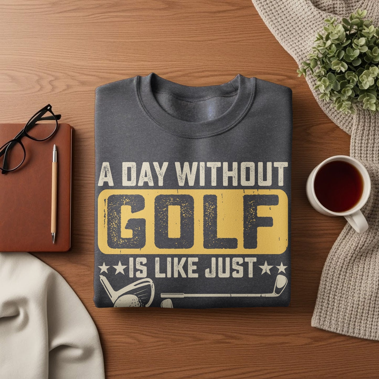 Graphic t-shirt with "A Day Without Golf Is Like Just" text and golf club illustration.