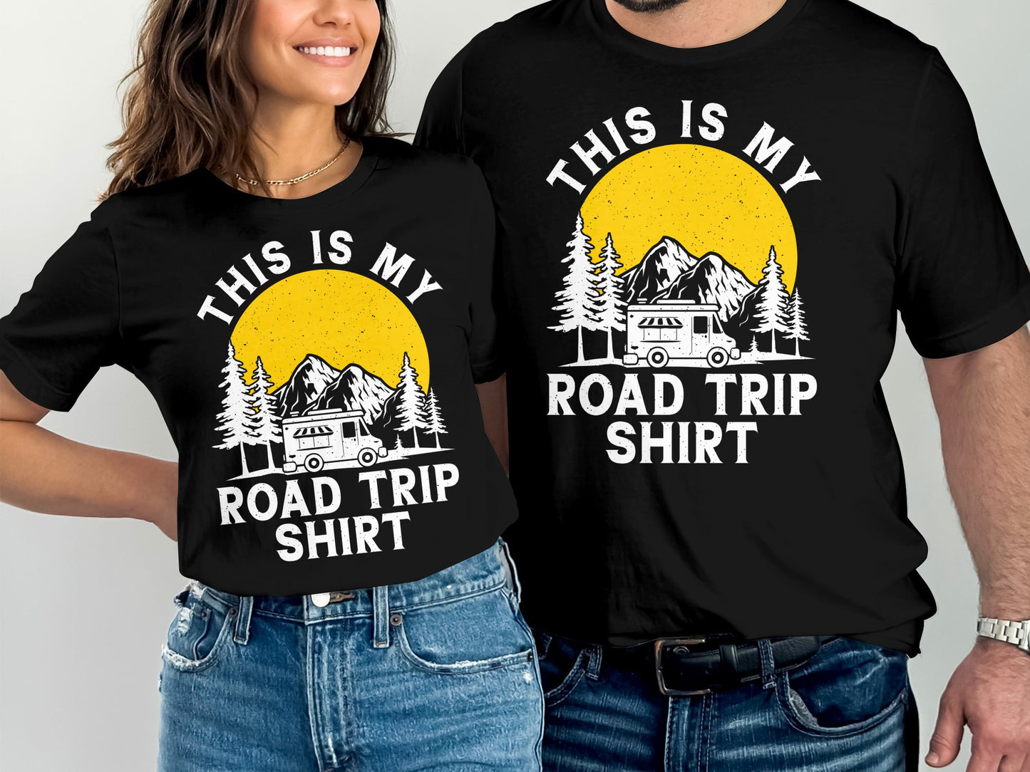 Black t-shirts with "This is my Road Trip Shirt" graphic and mountain scene.