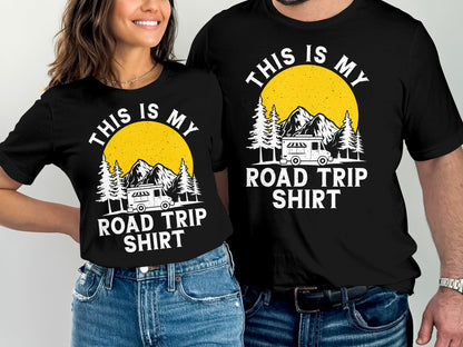 Black t-shirts with "This is my Road Trip Shirt" graphic and mountain scene.