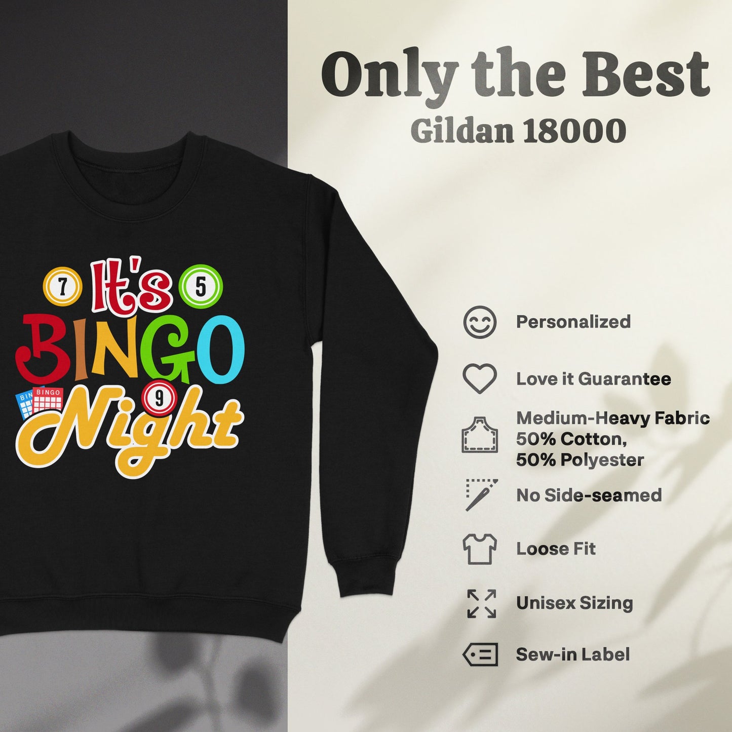 Black sweatshirt with "It's Bingo Night" graphic and product feature list.