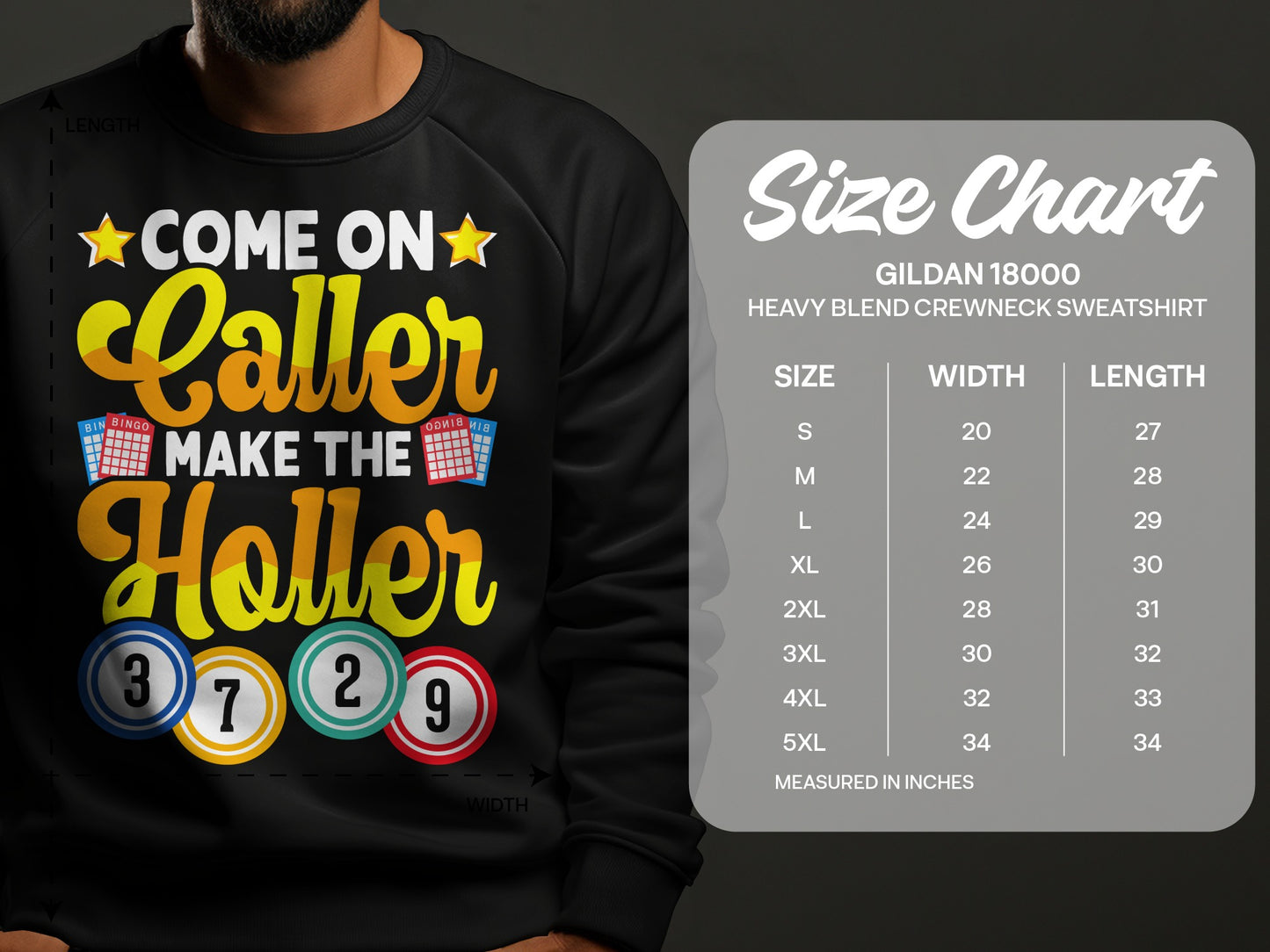 Black sweatshirt with "Come On Caller Make The Holler" text and bingo balls.