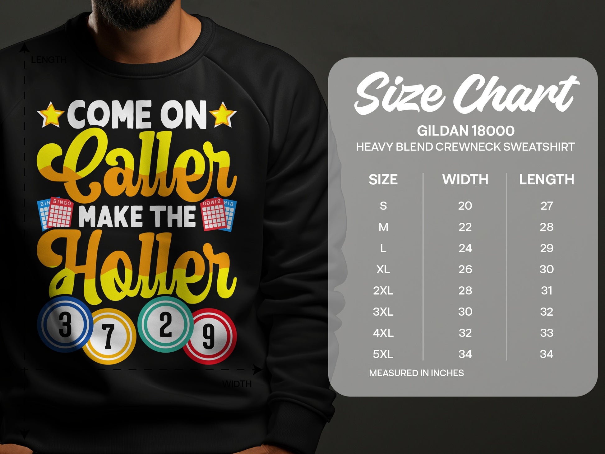 Black sweatshirt with "Come On Caller Make The Holler" text and bingo balls.