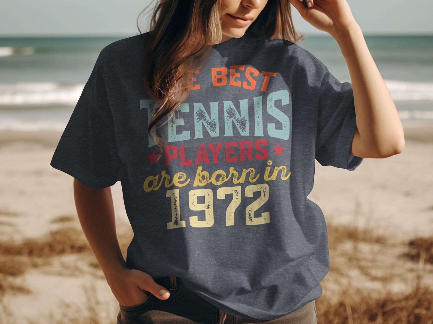 Dark t-shirt with "The best tennis players are born in 1972" text.