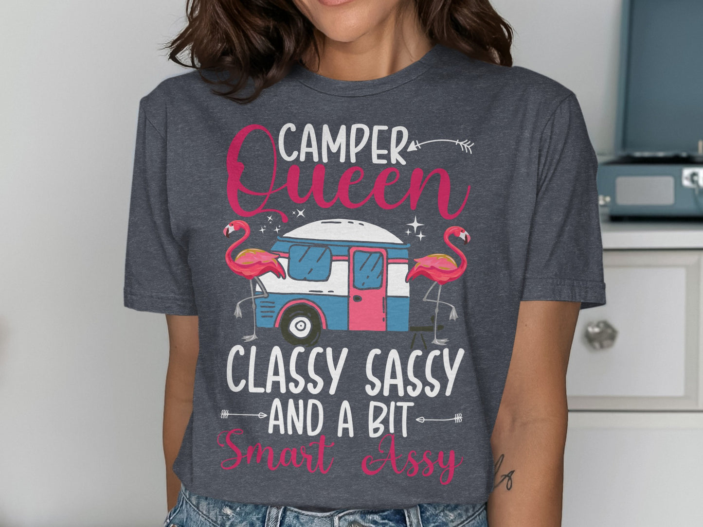 Camper Queen t-shirt with flamingos, RV, and text "Classy Sassy and a Bit Smart Assy".
