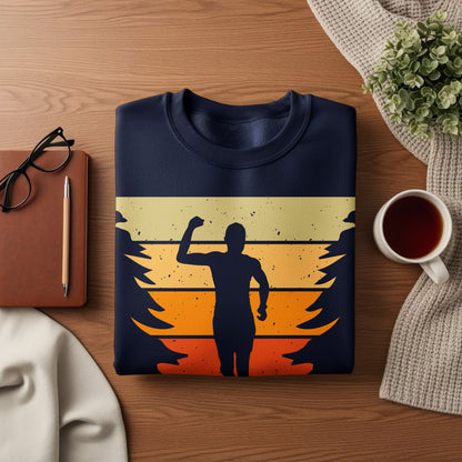Navy sweatshirt with silhouette of runner and sunset stripes.
