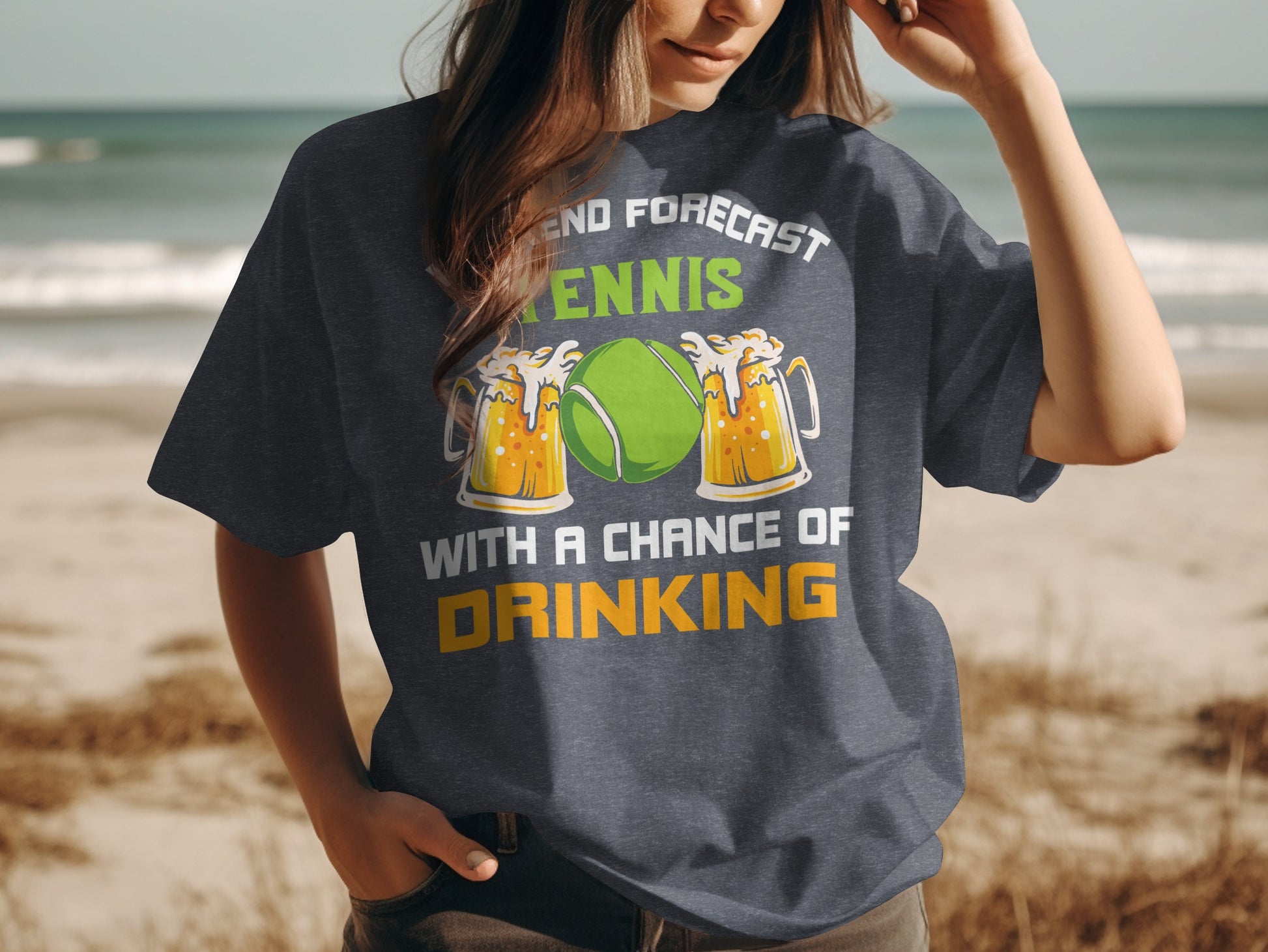 T-shirt with "Weekend forecast: Tennis with a chance of drinking" text and beer mugs.