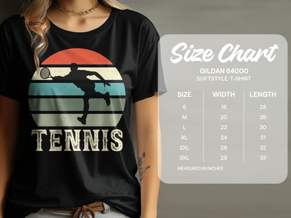 Tennis graphic t-shirt with size chart on the right.