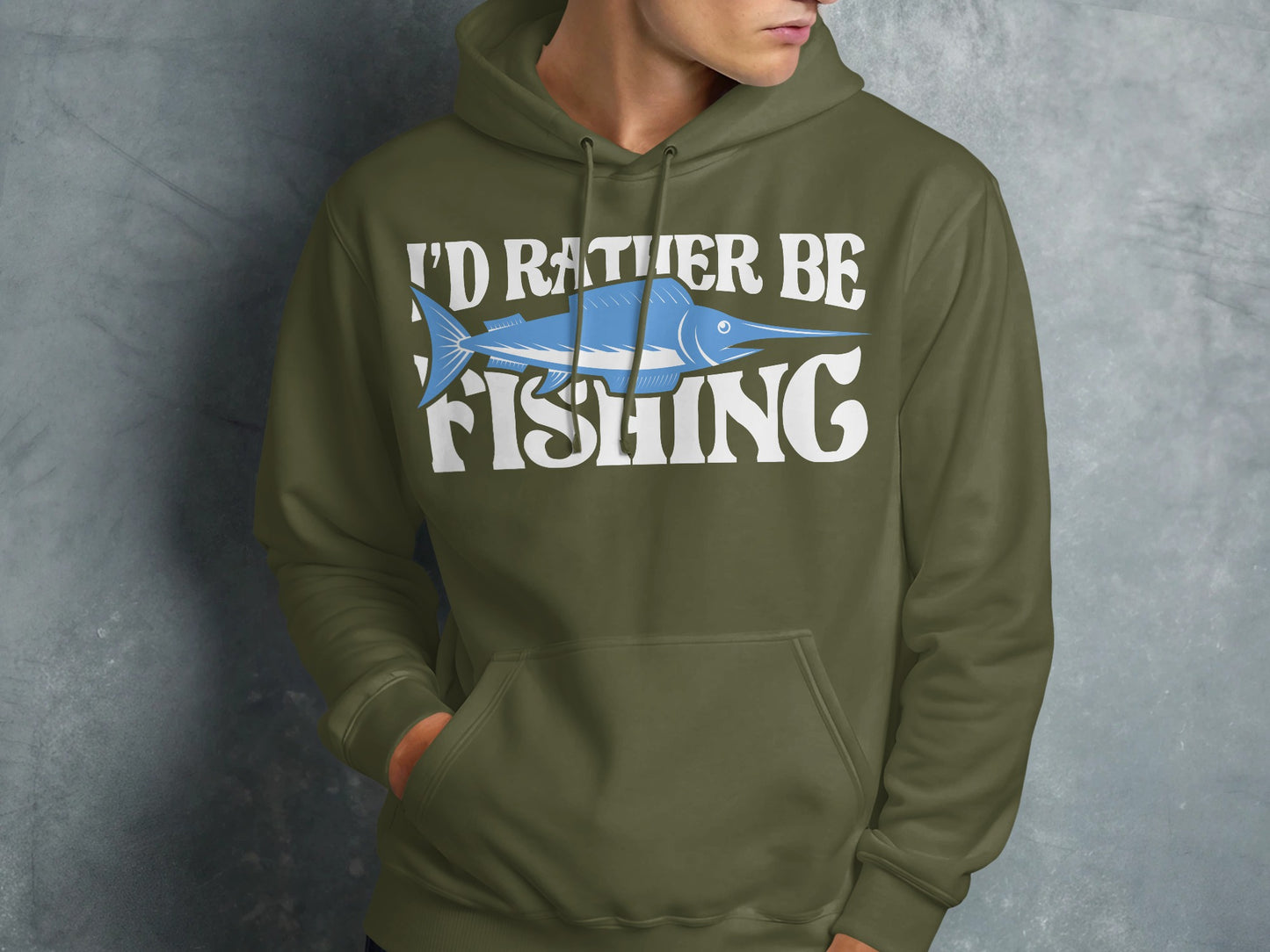 Green hoodie with "I'd Rather Be Fishing" text and a blue marlin graphic.