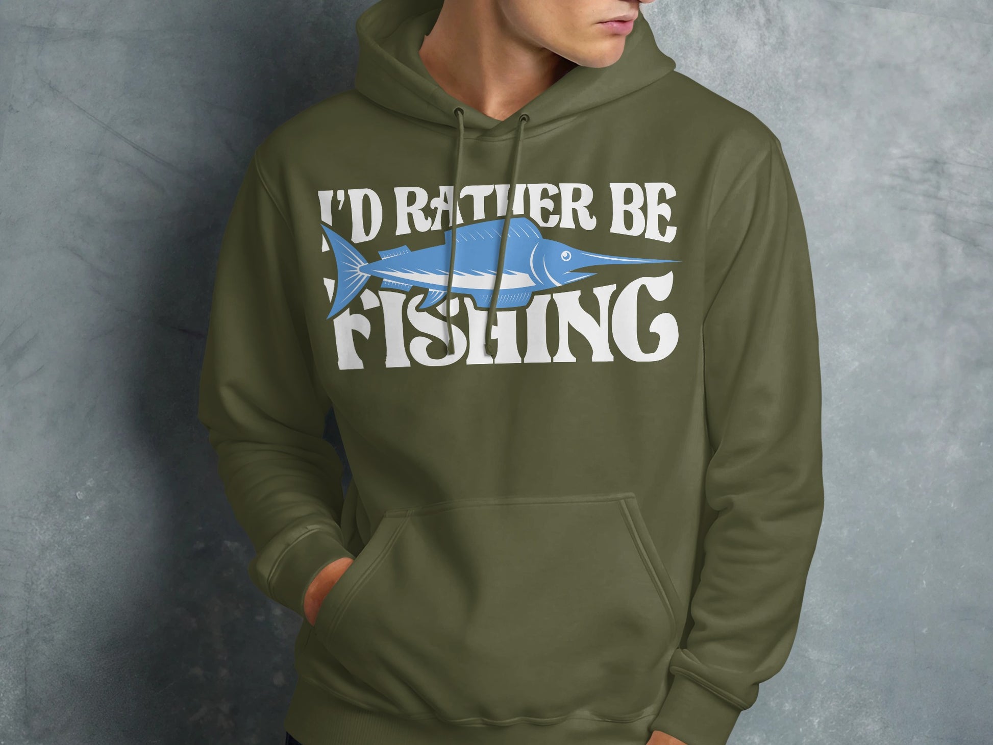 Green hoodie with "I'd Rather Be Fishing" text and a blue marlin graphic.