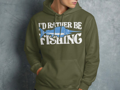 Green hoodie with "I'd Rather Be Fishing" text and a blue marlin graphic.