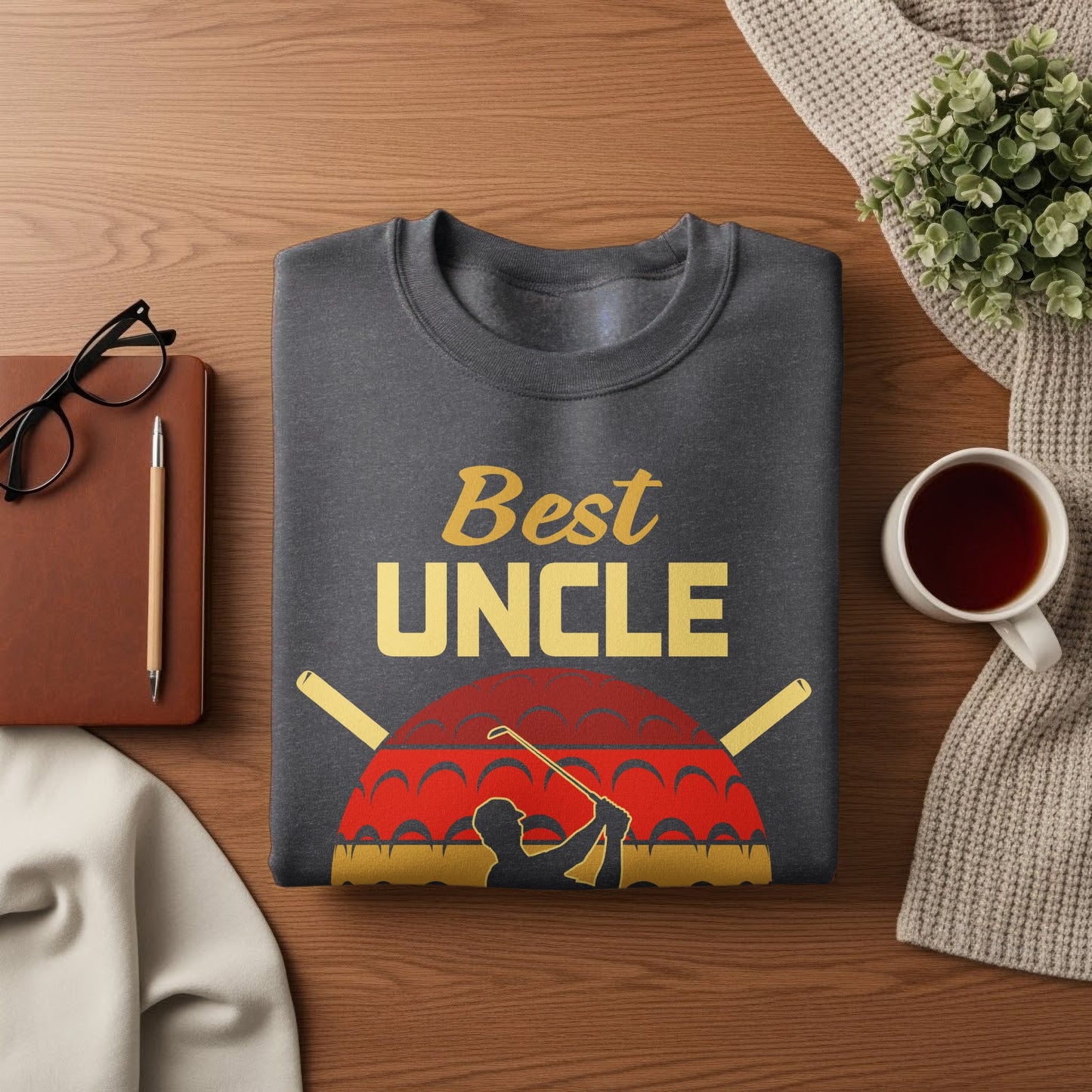 Dark gray sweatshirt with "Best Uncle" text and a golfer graphic.