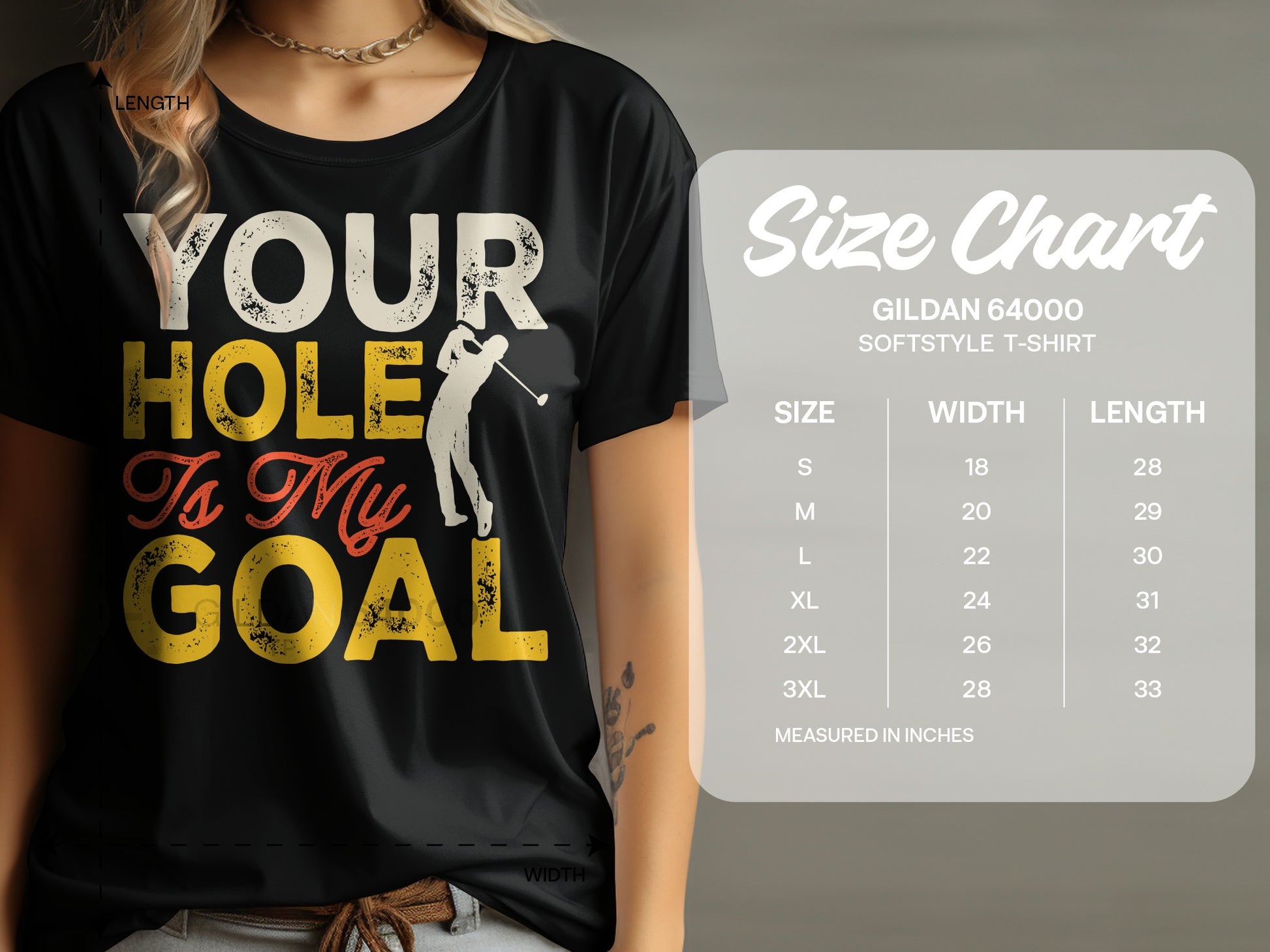 Black t-shirt with "Your Hole Is My Goal" graphic and size chart.