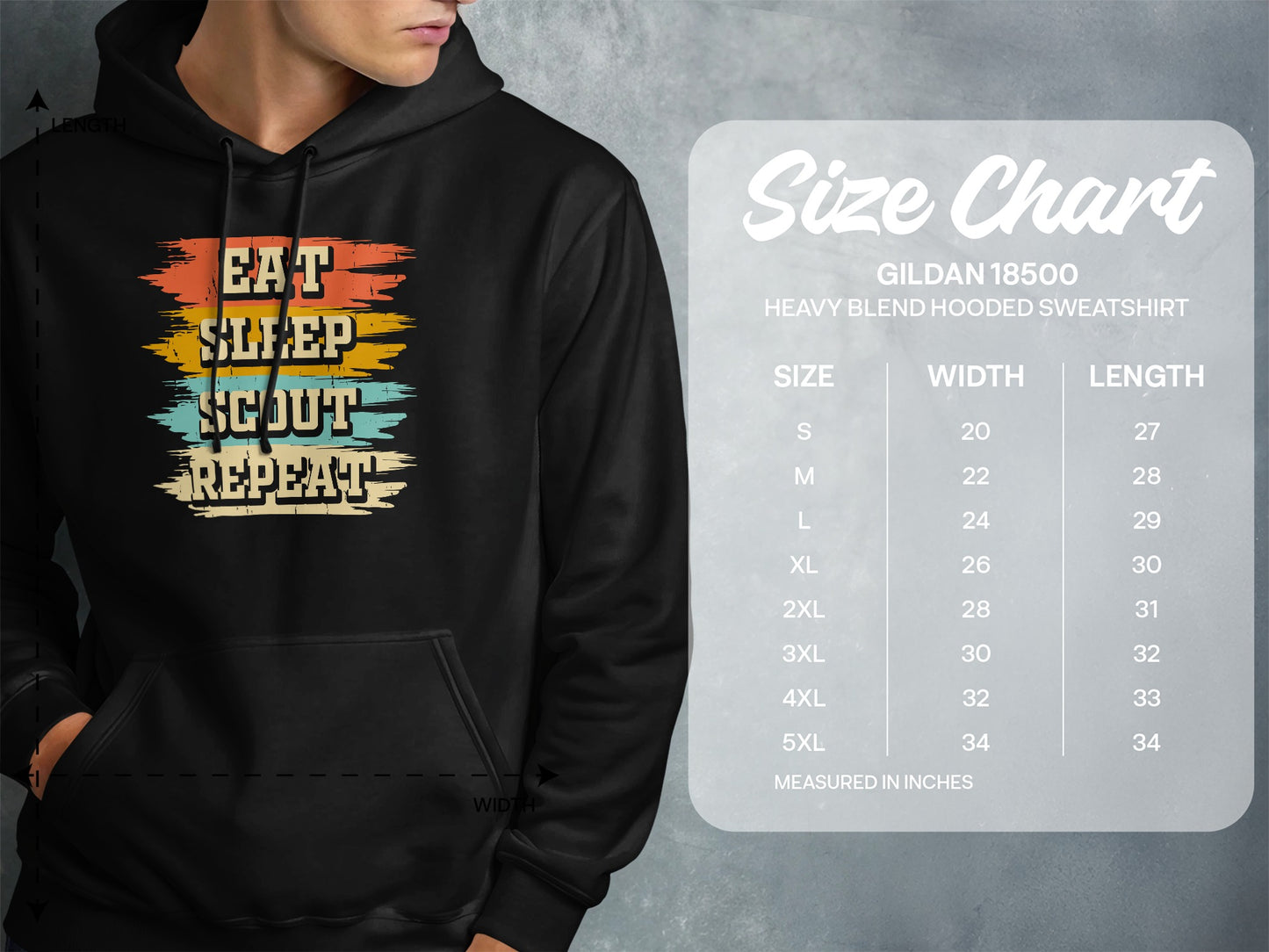 Gildan 18500 hoodie size chart with measurements for width and length.