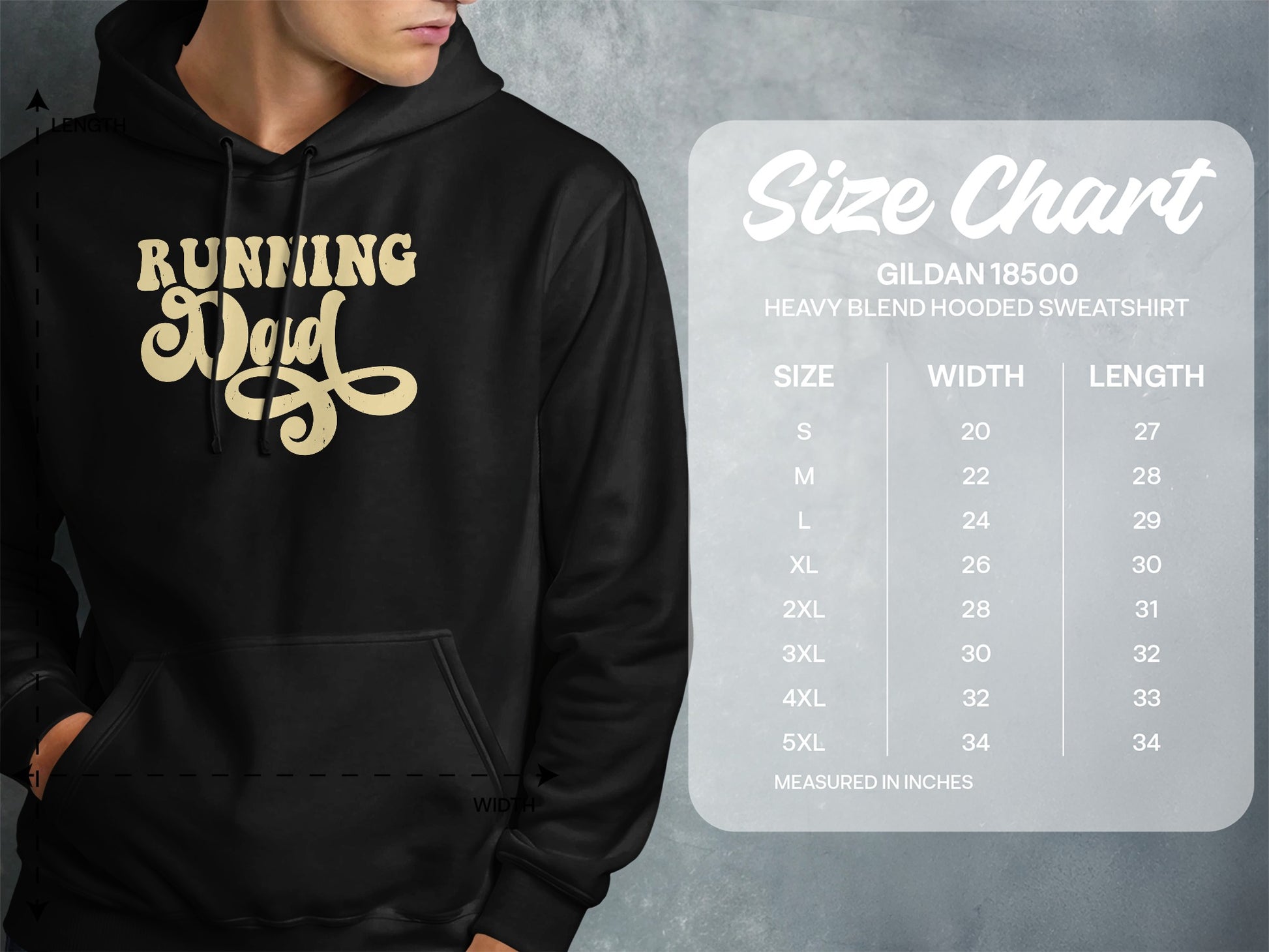 Hooded sweatshirt size chart for Gildan 18500, measured in inches.