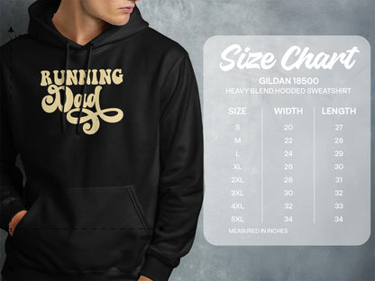 Hooded sweatshirt size chart for Gildan 18500, measured in inches.