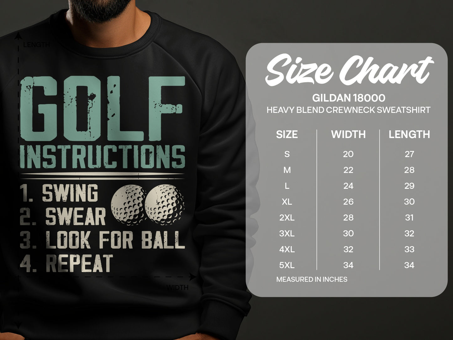 Black sweatshirt with "GOLF INSTRUCTIONS" and size chart for Gildan 18000 sweatshirt.