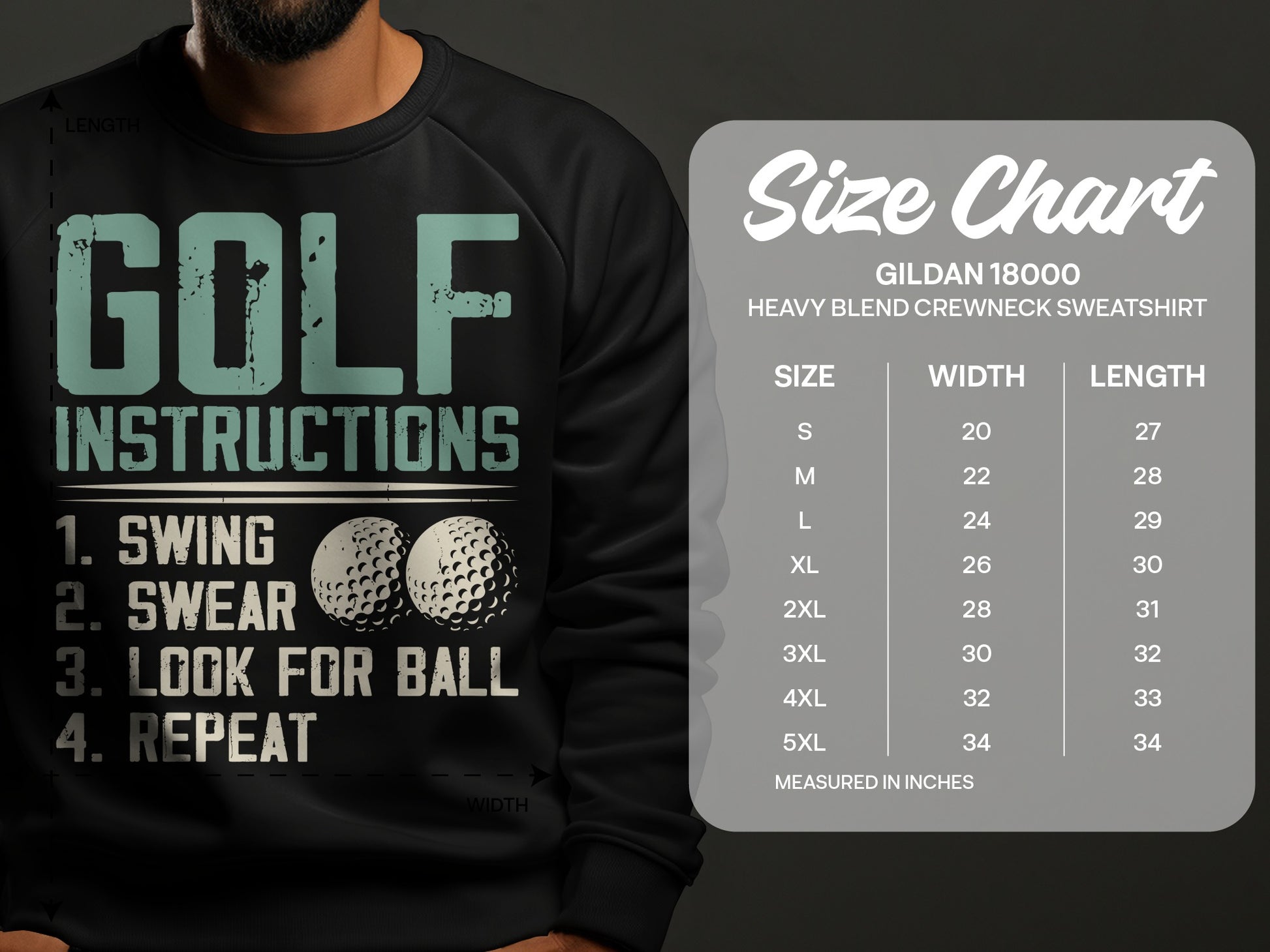 Black sweatshirt with "GOLF INSTRUCTIONS" and size chart for Gildan 18000 sweatshirt.
