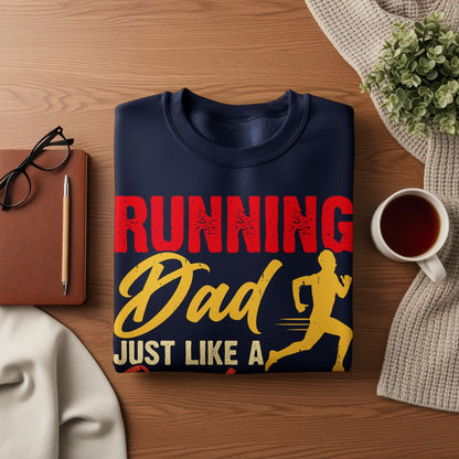 Navy sweatshirt with "Running Dad Just Like a Runner" text and graphic.