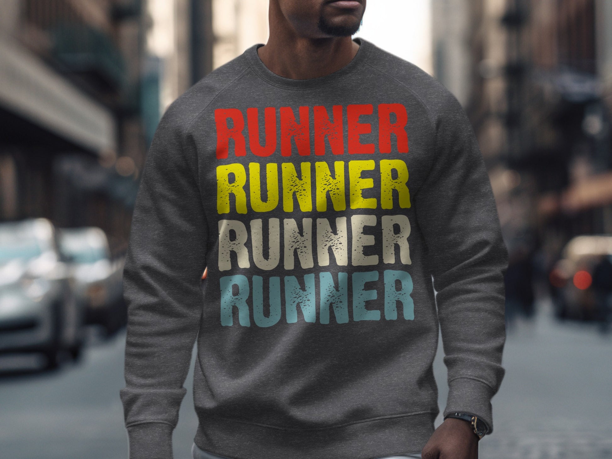 Grey sweatshirt with "RUNNER" in red, yellow, and blue text.
