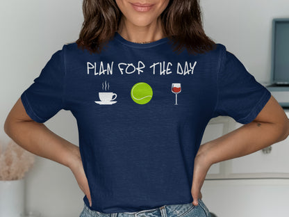 Navy t-shirt with "PLAN FOR THE DAY" text and coffee, tennis ball, wine glass icons.