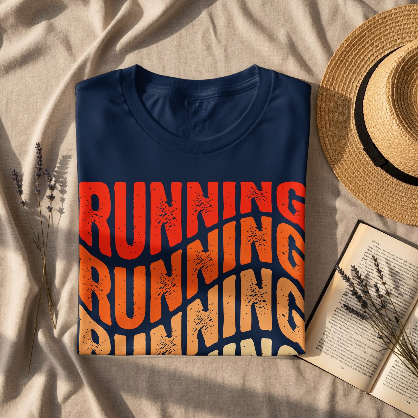 Navy t-shirt with "RUNNING RUNNING RUNNING" in orange and yellow font.