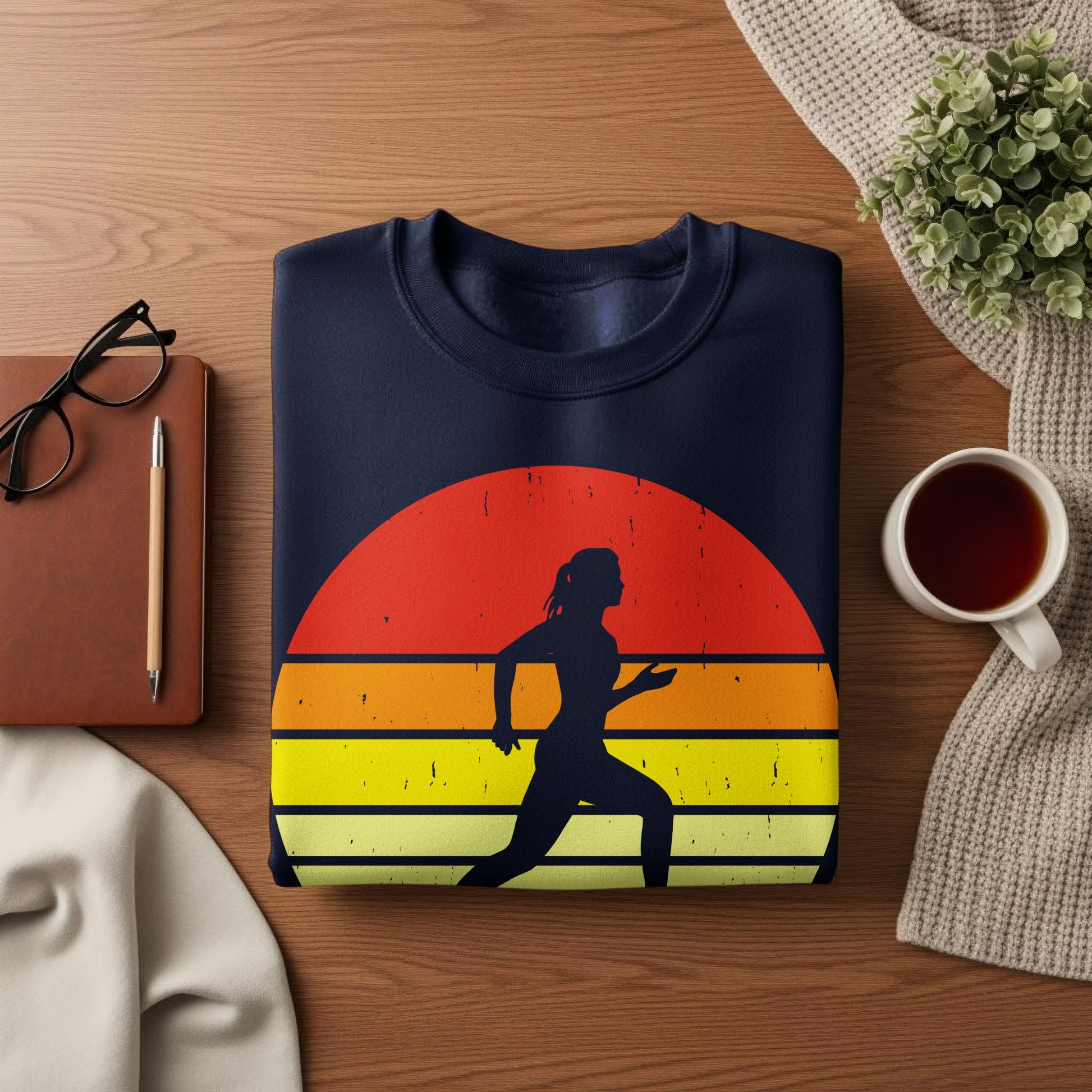 Navy sweatshirt with a runner silhouette against a striped sunset graphic.
