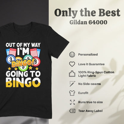 Black t-shirt with "I'm Going to Bingo" text and bingo balls.