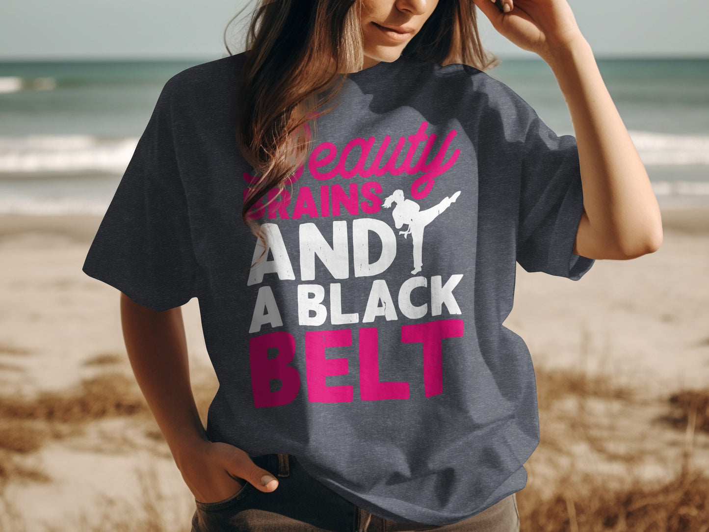 Dark t-shirt with "Beauty Runs and a Black Belt" text and karate graphic.