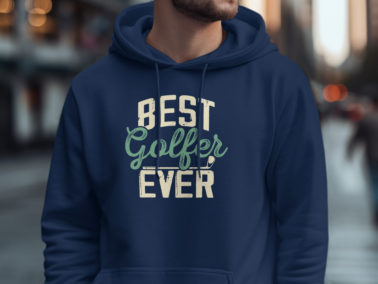 Navy blue hoodie with "BEST Golfer EVER" text on chest.