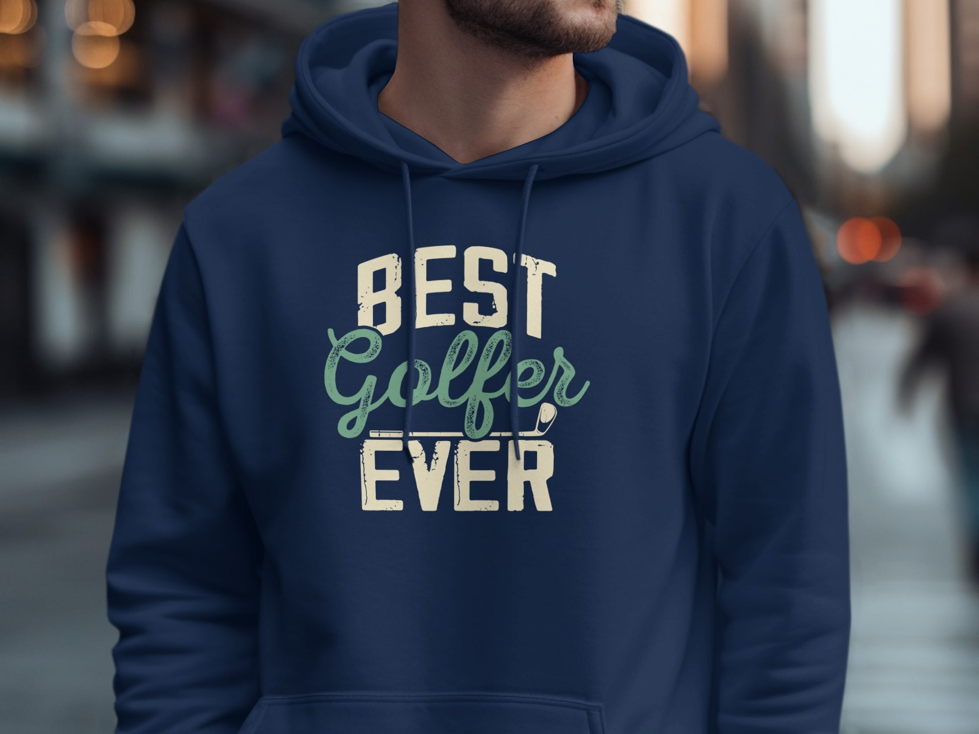 Navy blue hoodie with "BEST Golfer EVER" text on chest.