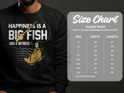 Sweatshirt with fishing graphic and Gildan 18000 size chart.