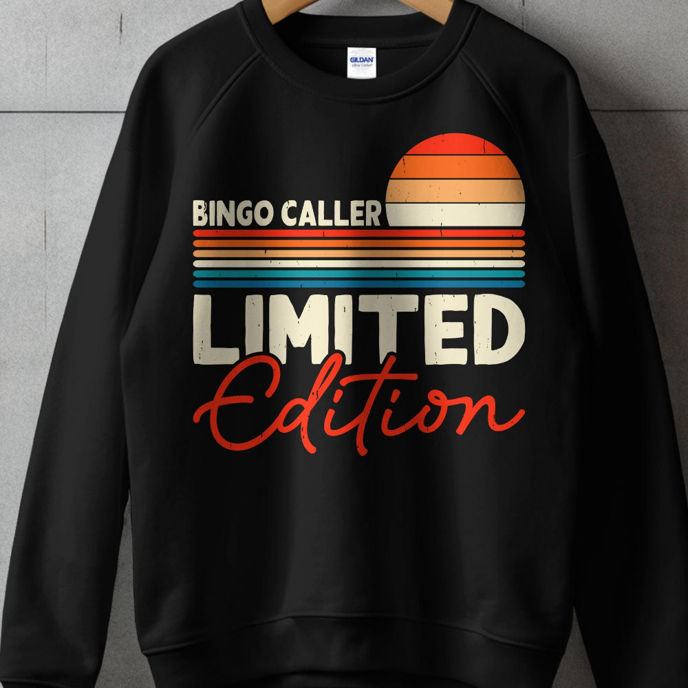 Black sweatshirt with "Bingo Caller Limited Edition" text and retro sunset graphic.