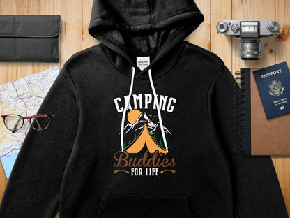 Black Gildan hoodie with "Camping Buddies For Life" text and mountain graphic.