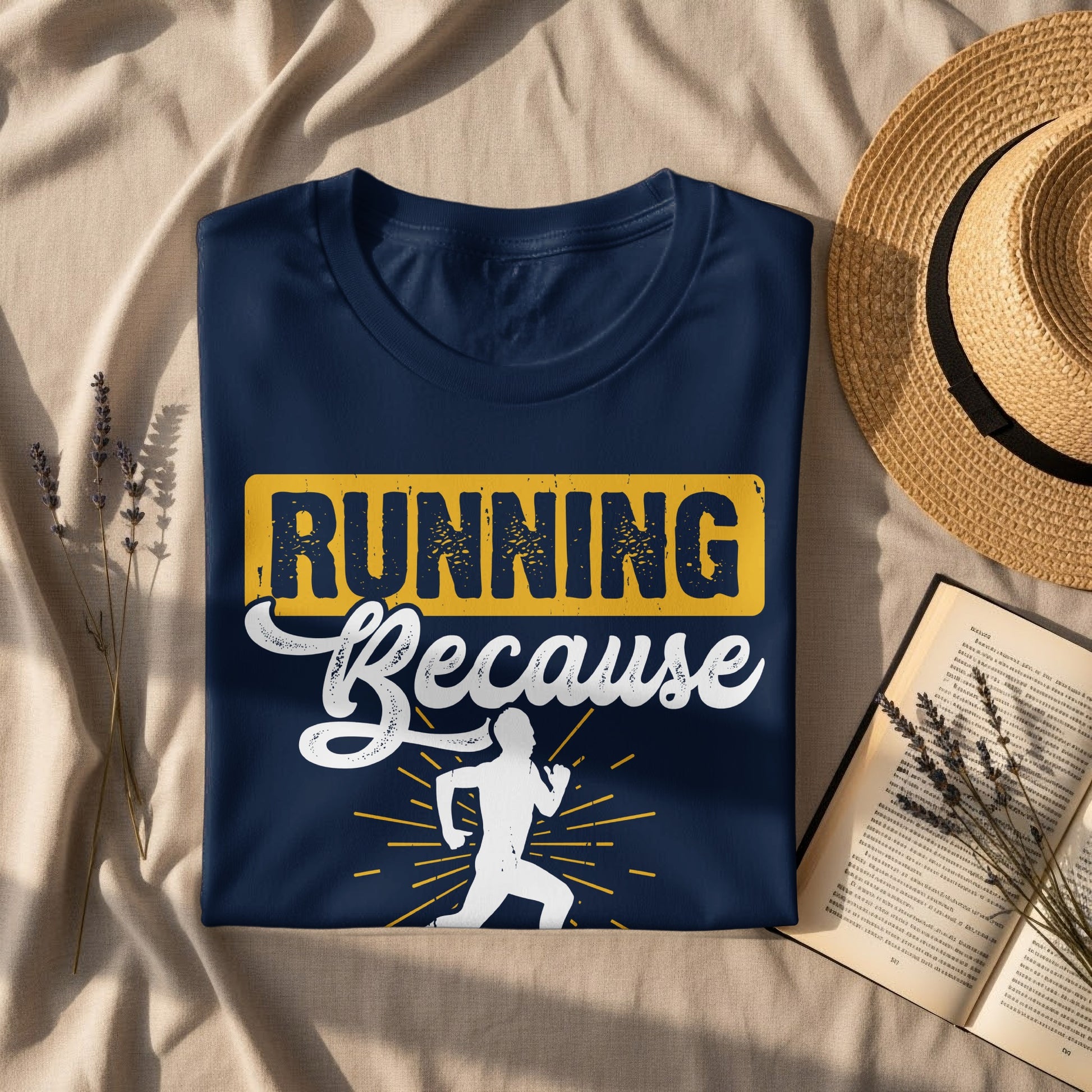 Navy t-shirt with "Running Because" text and a running figure.