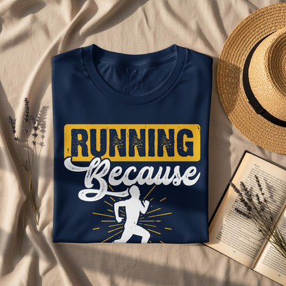 Navy t-shirt with "Running Because" text and a running figure.