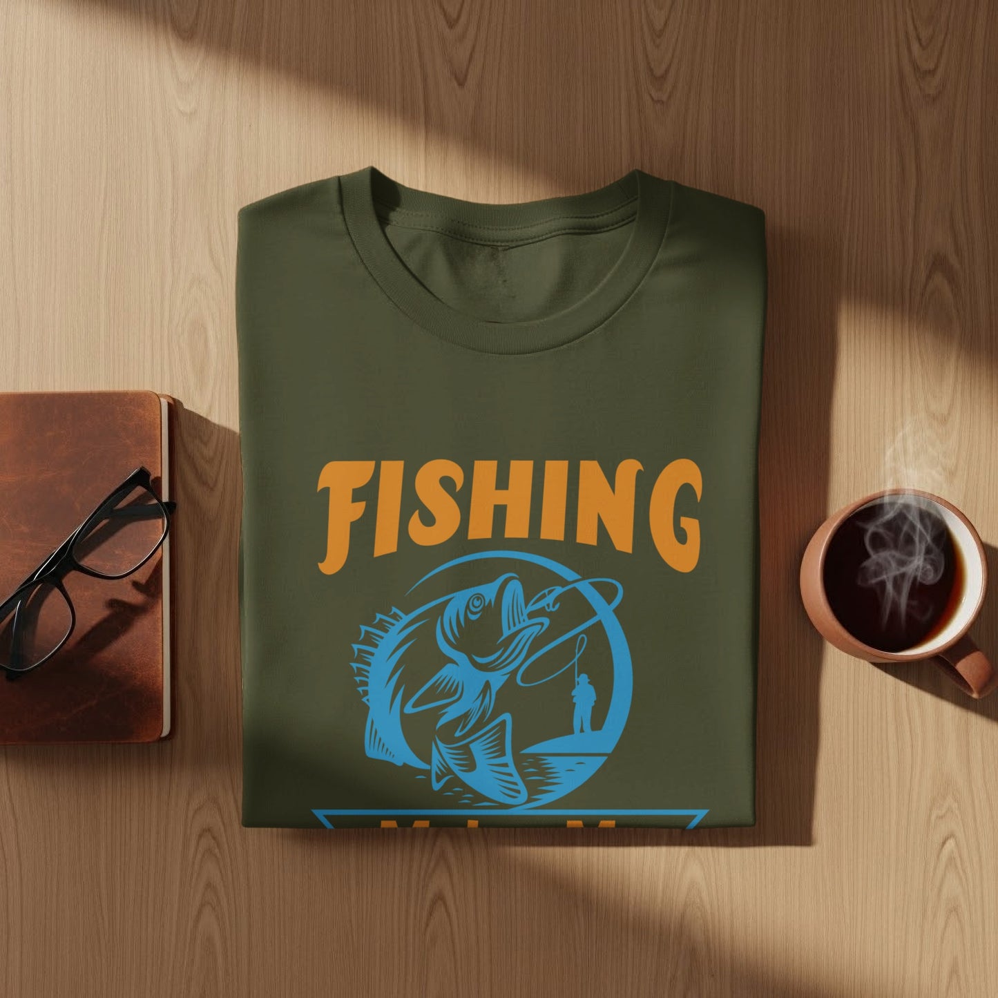 Olive green t-shirt with "FISHING" text and a fish and angler graphic.