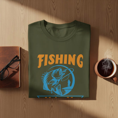 Olive green t-shirt with "FISHING" text and a fish and angler graphic.