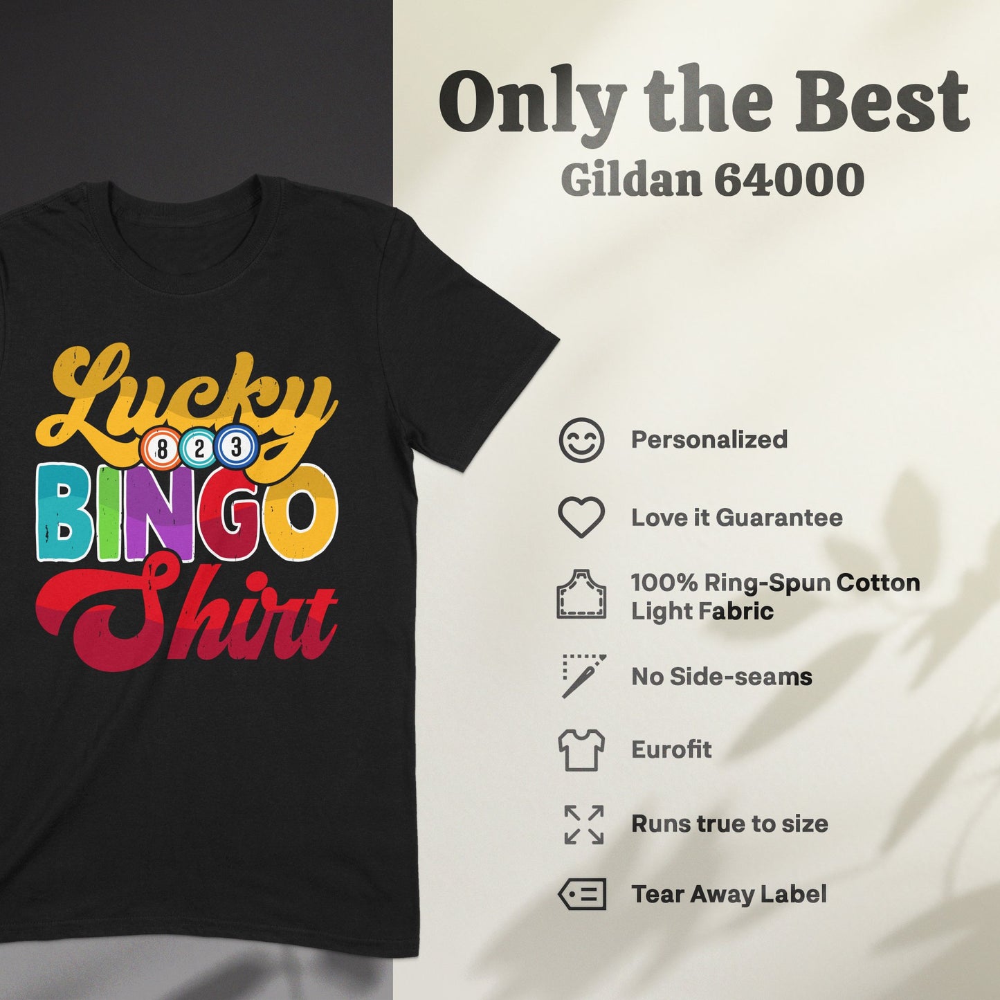 Black t-shirt with "Lucky BINGO Shirt" in colorful lettering.