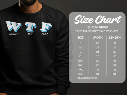 Crewneck sweatshirt with "WTF Where's The Fish?" graphic and size chart.