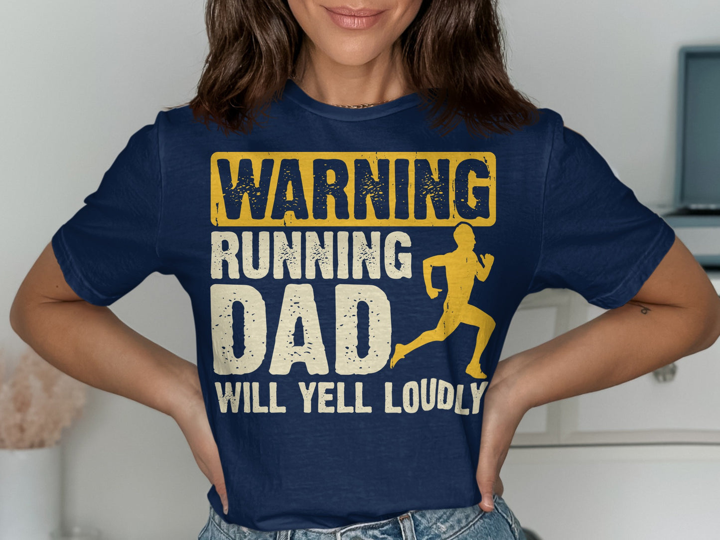 Navy t-shirt with yellow text and a running man graphic warning "Running Dad Will Yell Loudly".