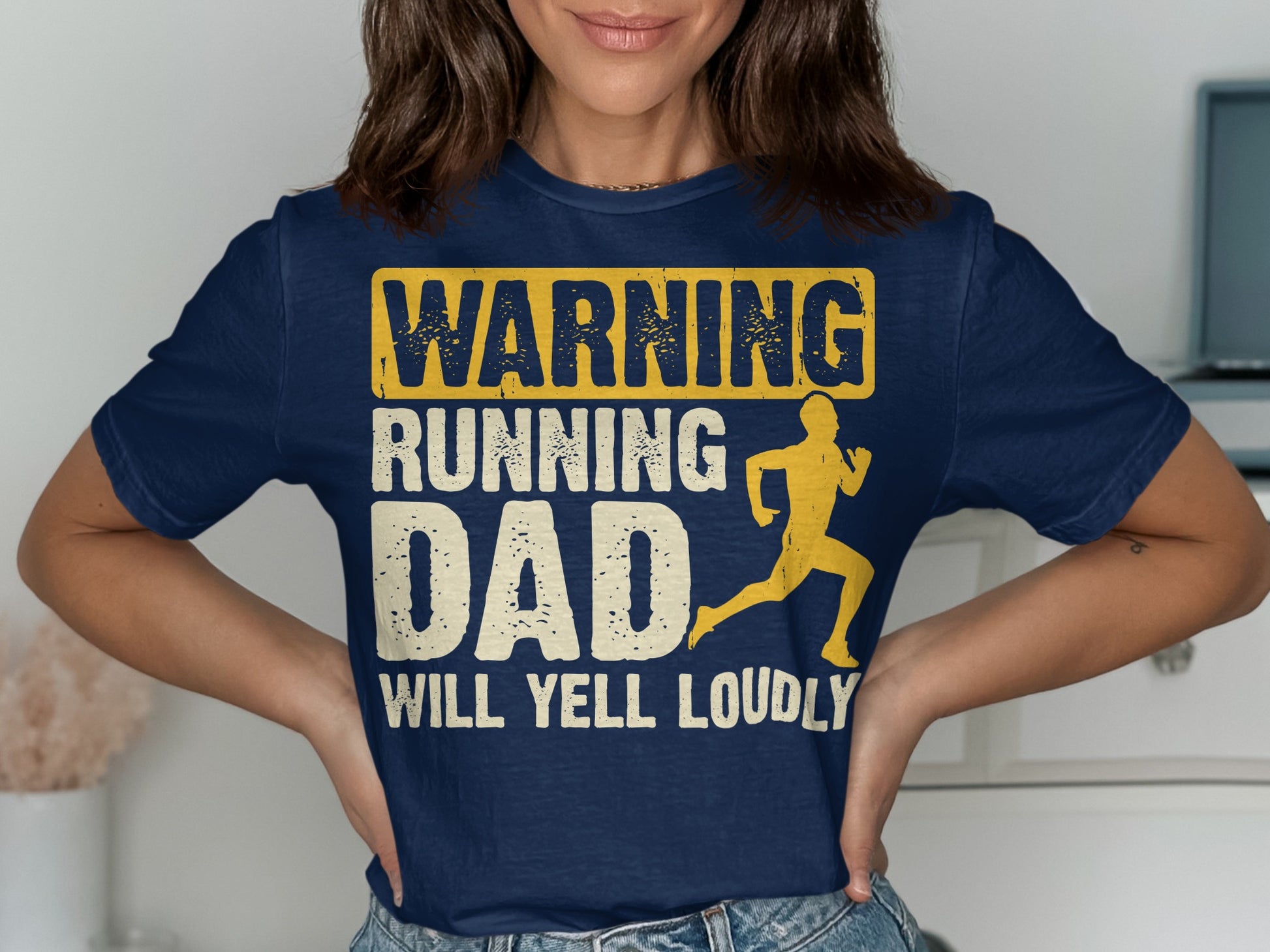 Navy t-shirt with yellow text and a running man graphic warning "Running Dad Will Yell Loudly".