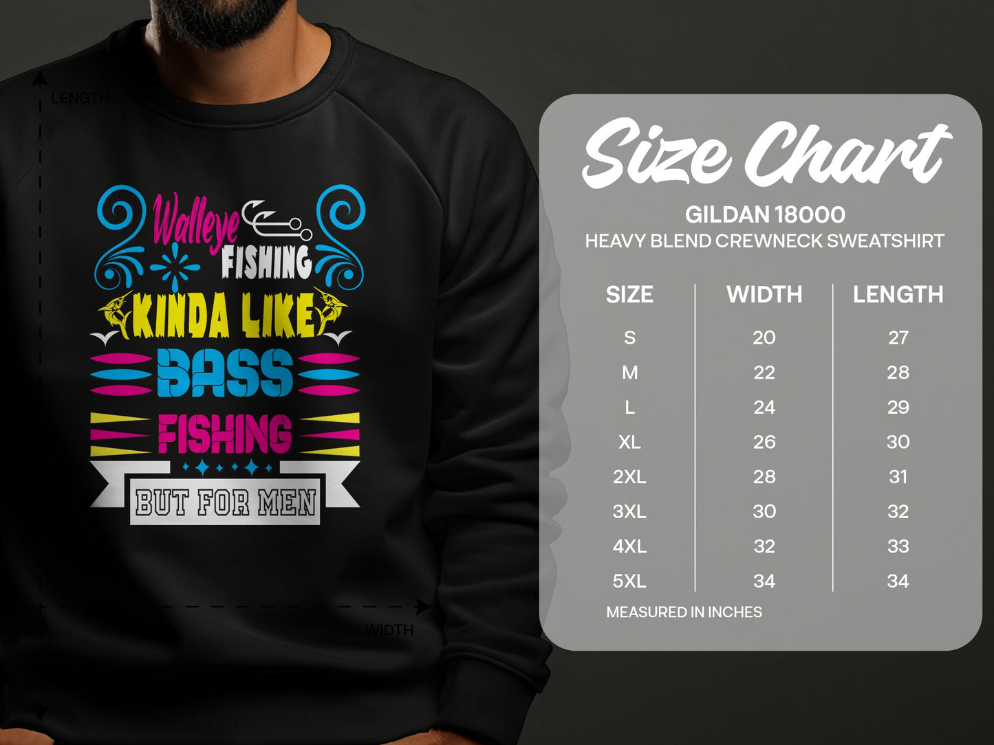 Sweatshirt size chart for Gildan 18000 Heavy Blend crewneck sweatshirt.