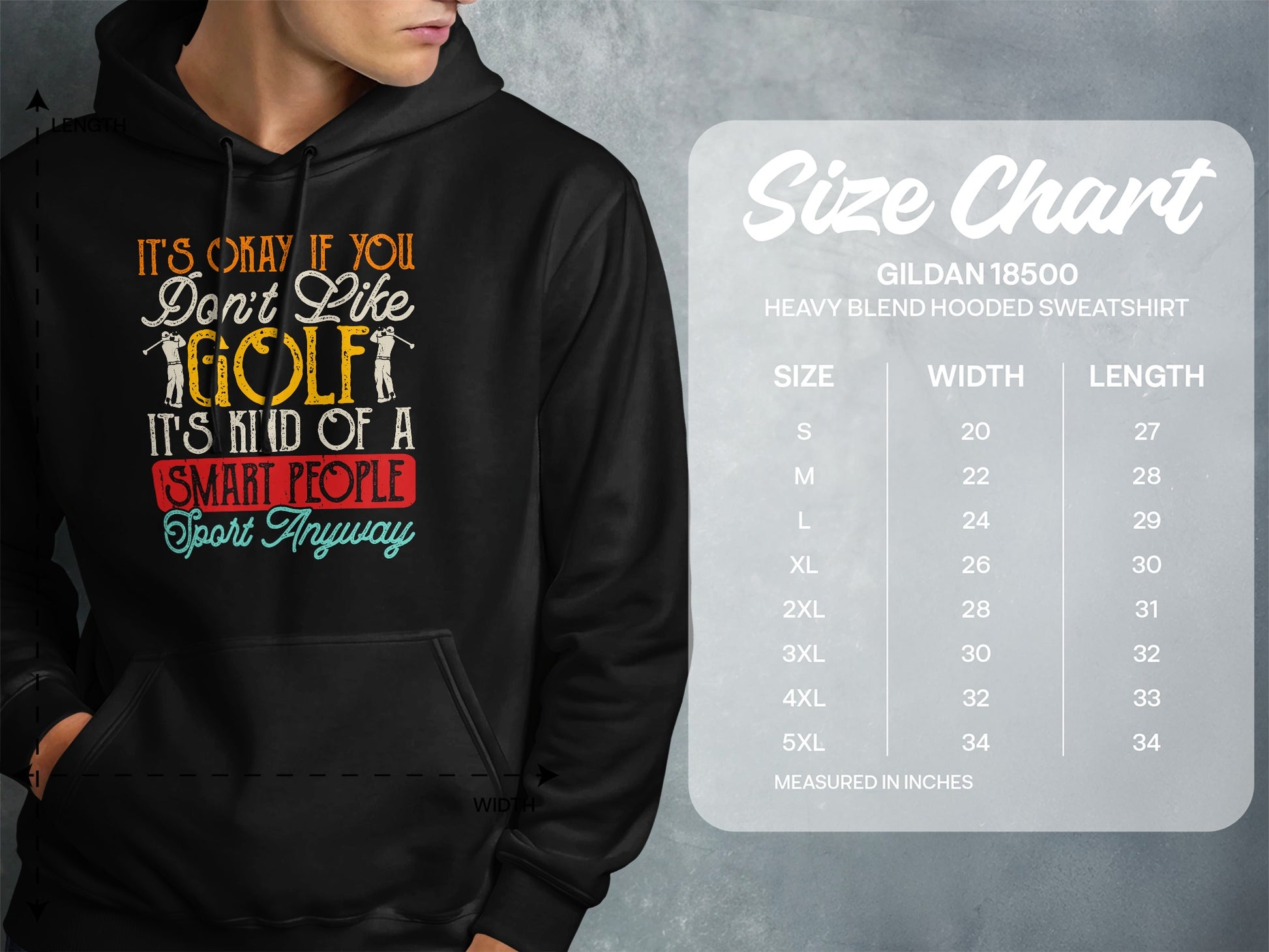 Hooded sweatshirt with "Golf is Kind of a Smart People Sport" graphic and size chart.