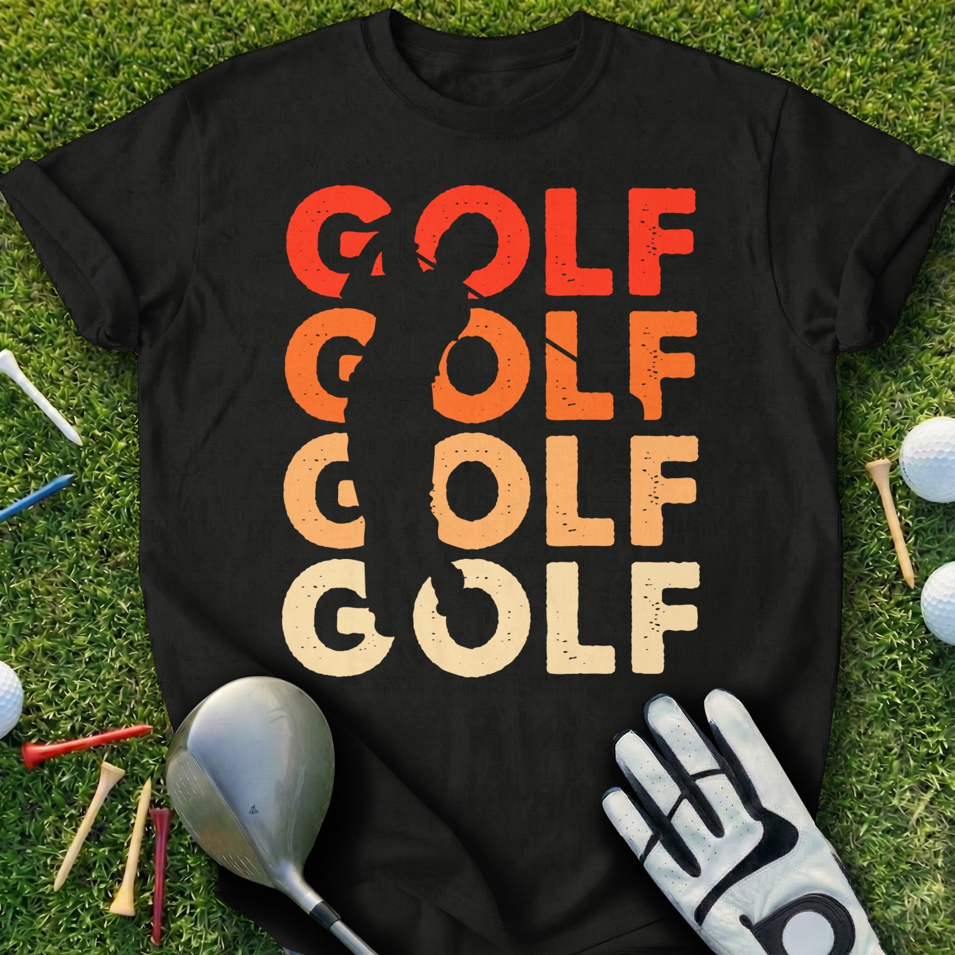 Black t-shirt with "GOLF" in gradient colors and golfer silhouette.
