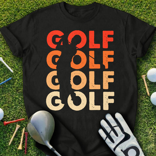 Black t-shirt with "GOLF" in gradient colors and golfer silhouette.