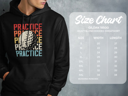 Hoodie with "PRACTICE" repeated, next to a size chart for Gildan 18500 sweatshirts.