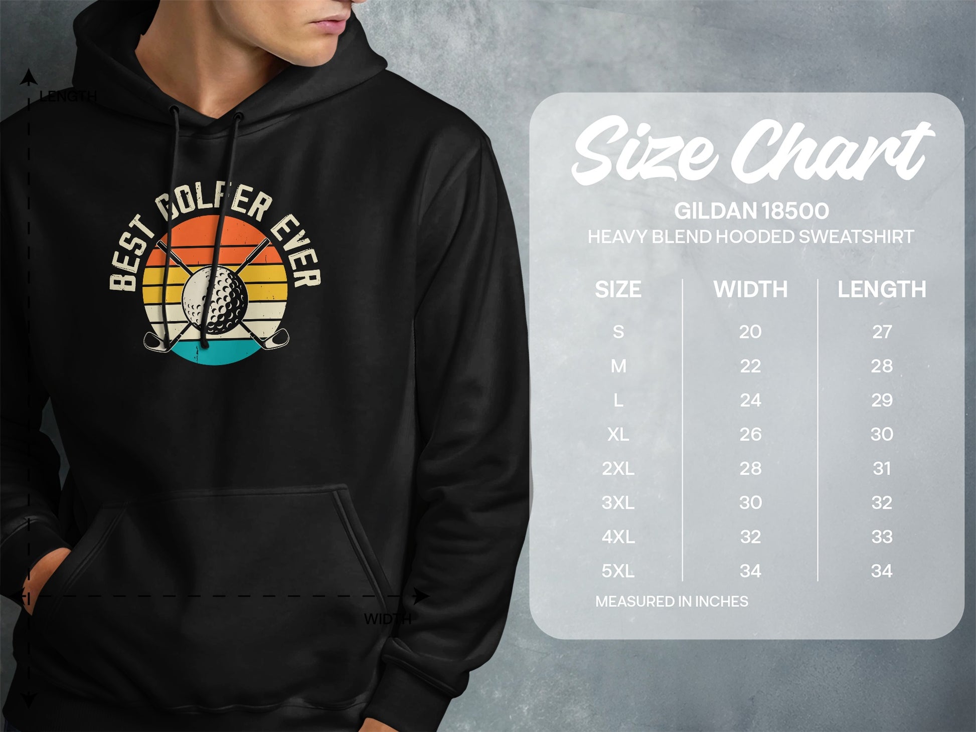Size chart for Gildan 18500 heavy blend hooded sweatshirt.