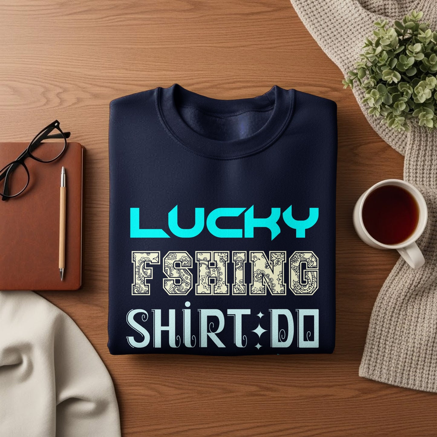 Navy sweatshirt with "Lucky Fishing Shirt" text and ornate designs.