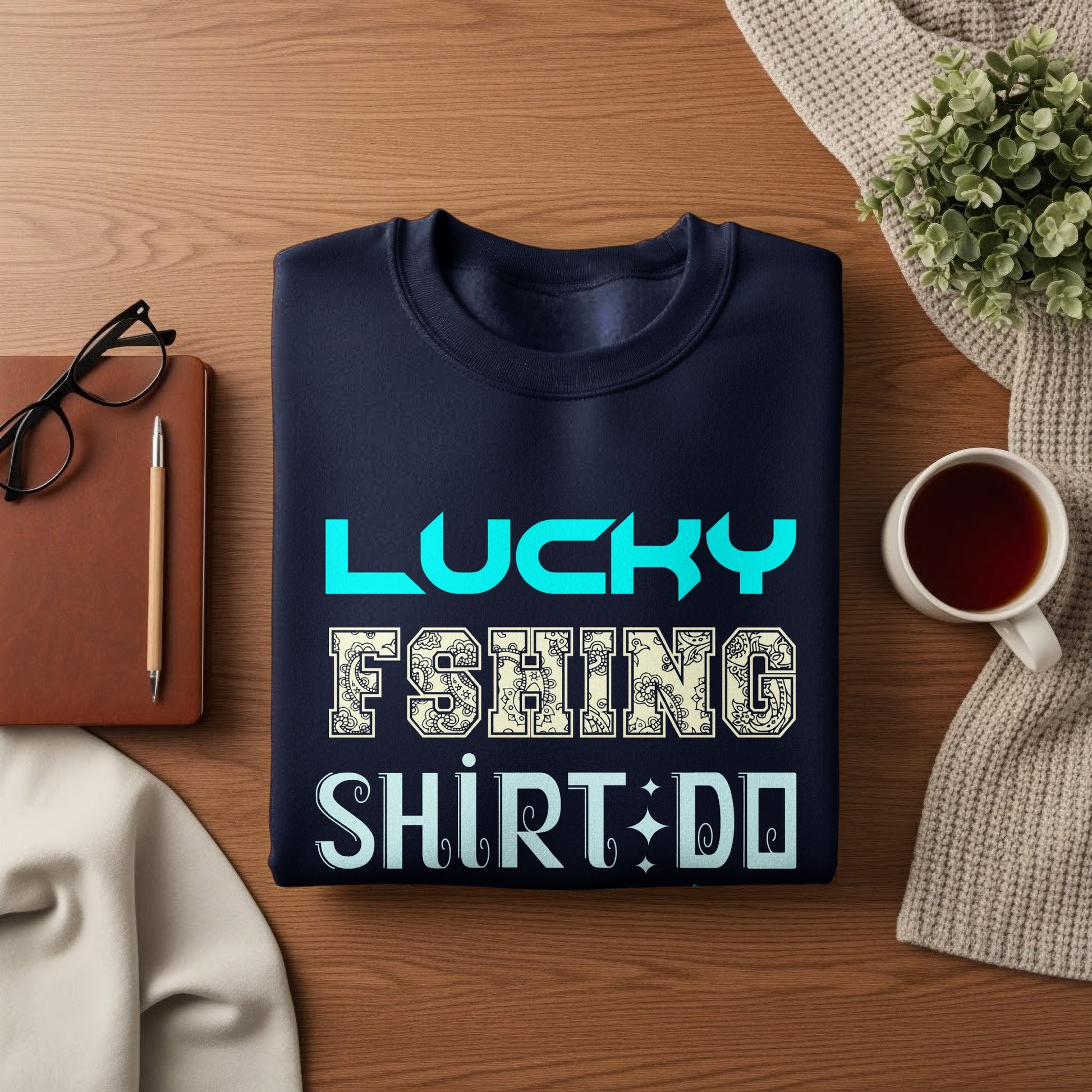 Navy sweatshirt with "Lucky Fishing Shirt" text and ornate designs.